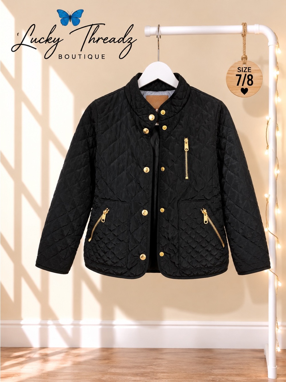 Zara Girls Black Quilted Equestrian Riding Jacket Gold Hardware 7/8